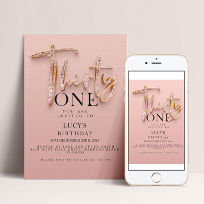 a pink invitation card and a smartphone displaying the same invitation.