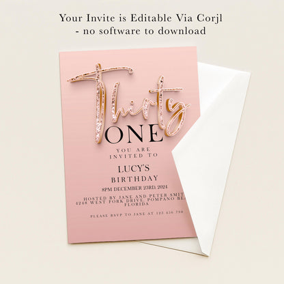 The image is a pink birthday invitation card for a one-year-old birthday party.