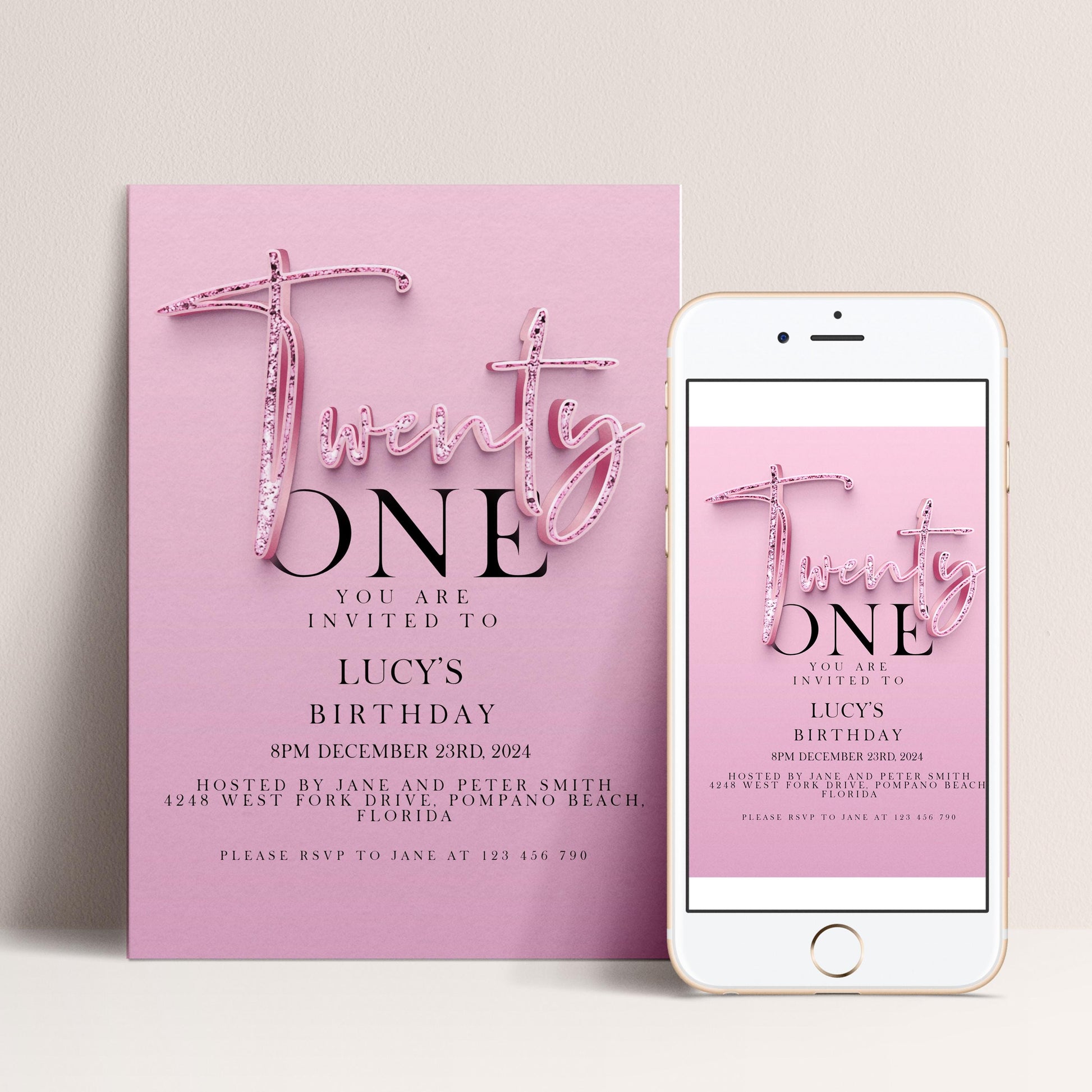 The image is a pink invitation card for a birthday party, specifically for Lucy's birthday.