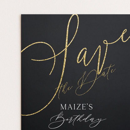 The image is a birthday card with a black background and gold glitter text.