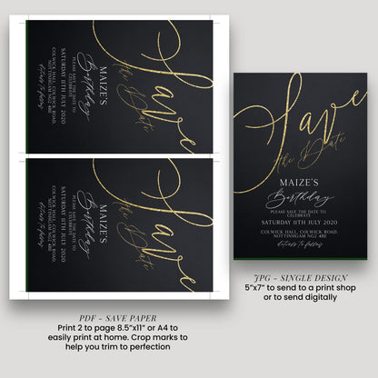 a save paper design for a birthday event, featuring a black background with gold cursive text. The design includes details about the event, such as the date, location, and guests.