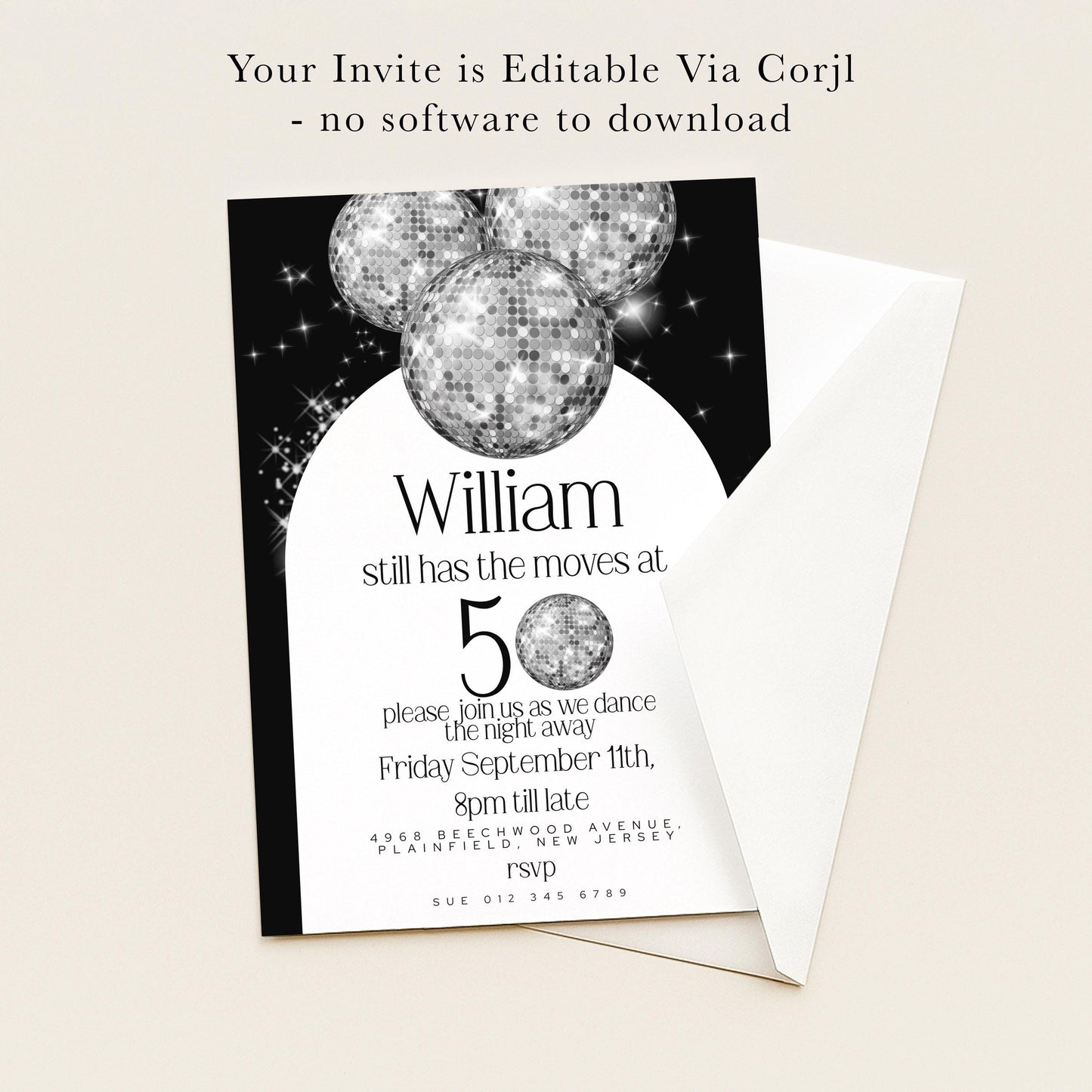 The image is a birthday party invitation for William, who is turning 50 years old. The invitation is for a dance party on Friday, September 11th, at 9pm. The event is taking place at 4968 Beechwood Avenue, Plainfield, Illinois, and is being hosted by the RSVP department.