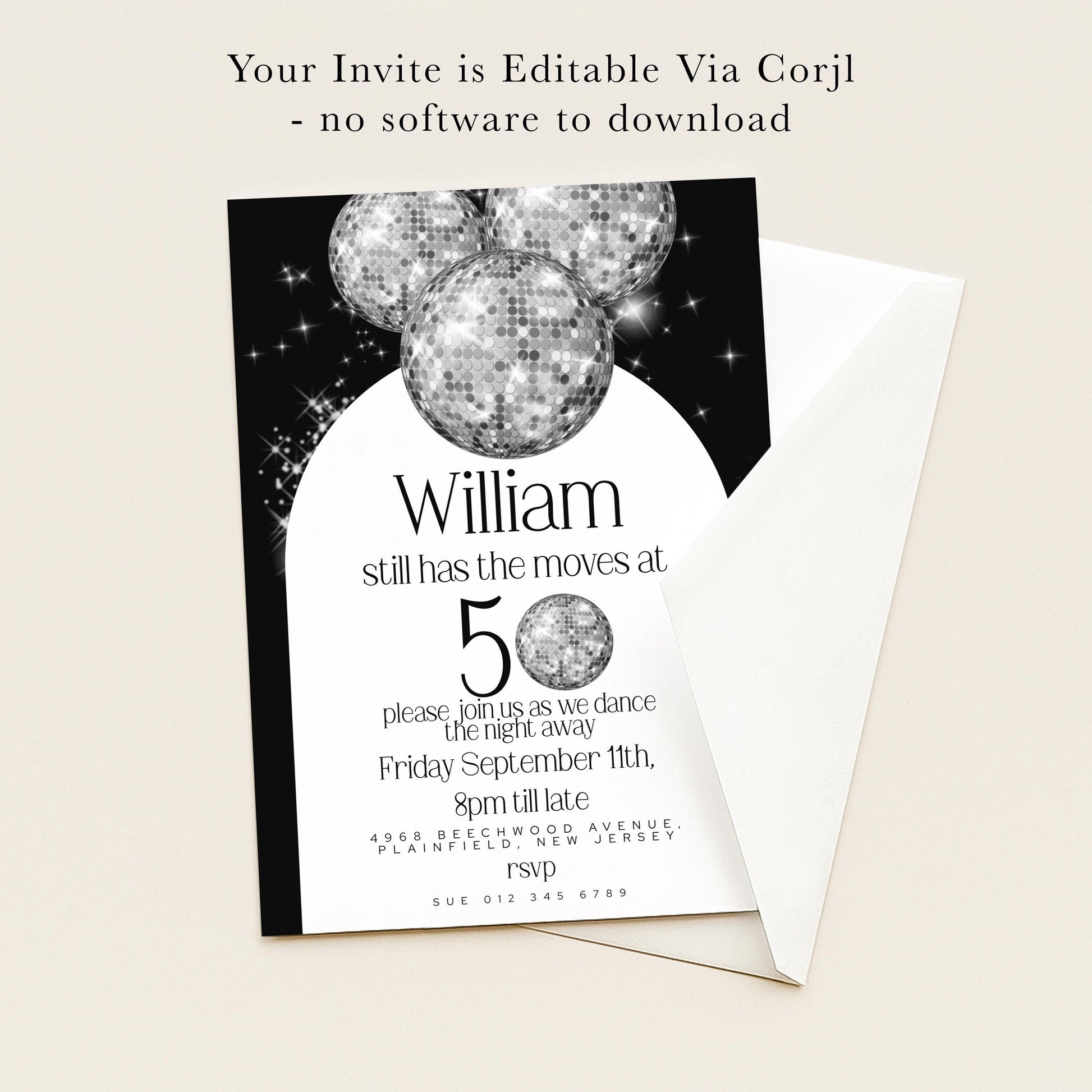 The image is a birthday party invitation for William, who is turning 50 years old. The invitation is for a dance party on Friday, September 11th, at 9pm. The event is taking place at 4968 Beechwood Avenue, Plainfield, Illinois, and is being hosted by the RSVP department.