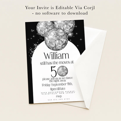 The image is a birthday party invitation for William, who is turning 50 years old. The invitation is for a dance party on Friday, September 11th, at 9pm. The event is taking place at 4968 Beechwood Avenue, Plainfield, Illinois, and is being hosted by the RSVP department.