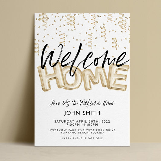 The image is a welcome home invitation card featuring gold foil lettering and confetti-like elements.