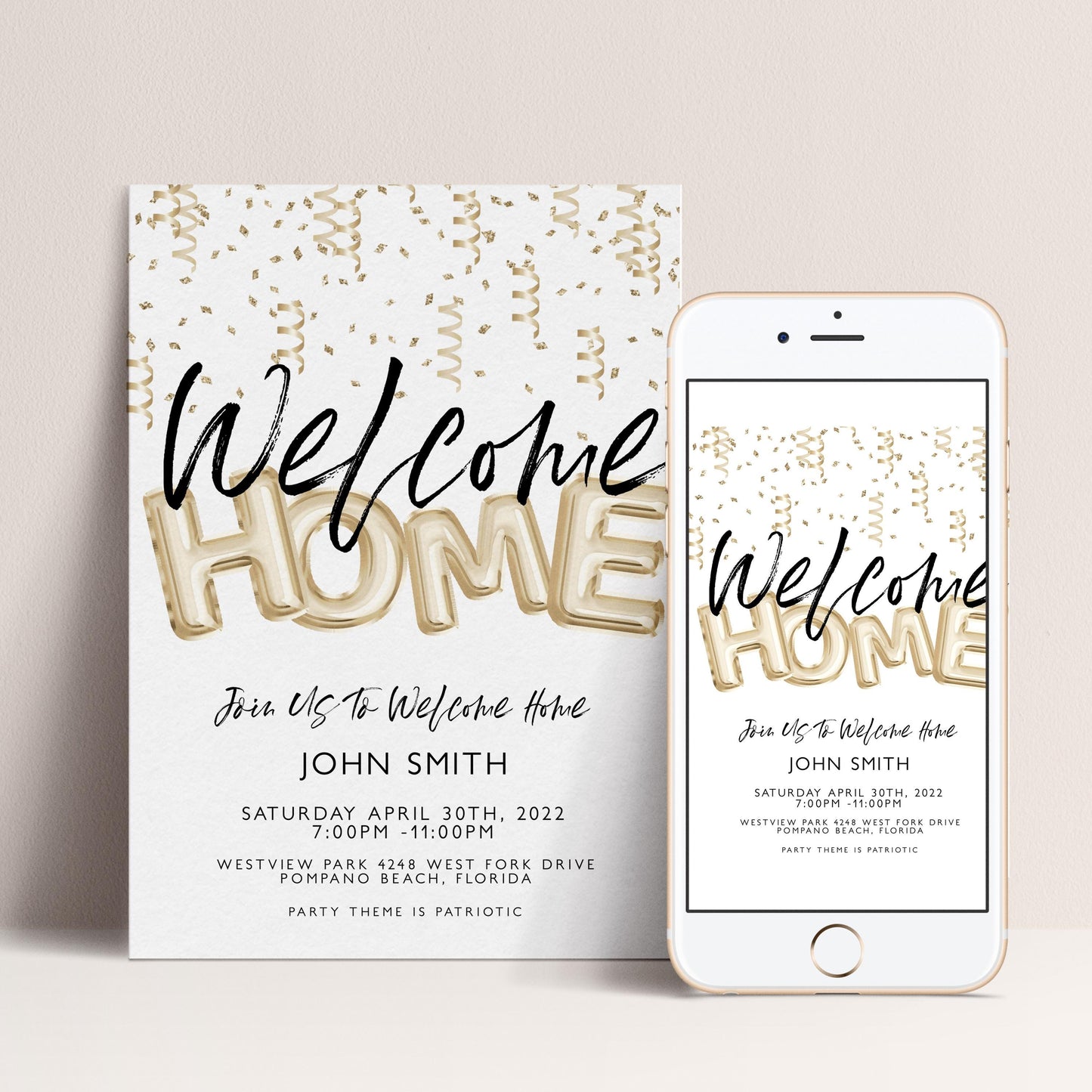 The image is a welcome home invitation featuring gold foil lettering and confetti-like designs.