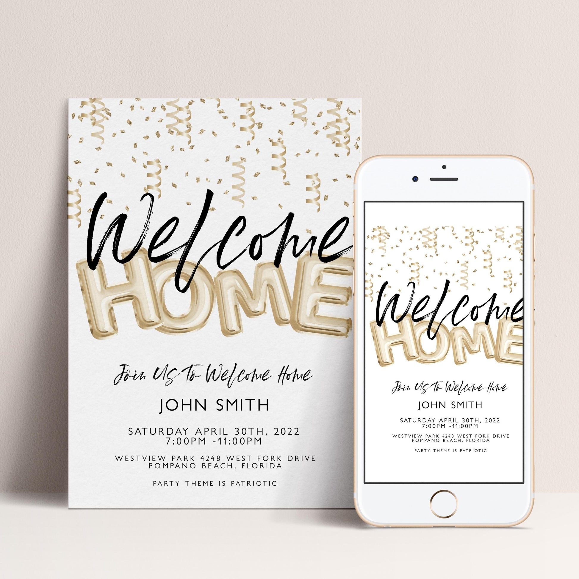 The image is a welcome home invitation featuring gold foil lettering and confetti-like designs.