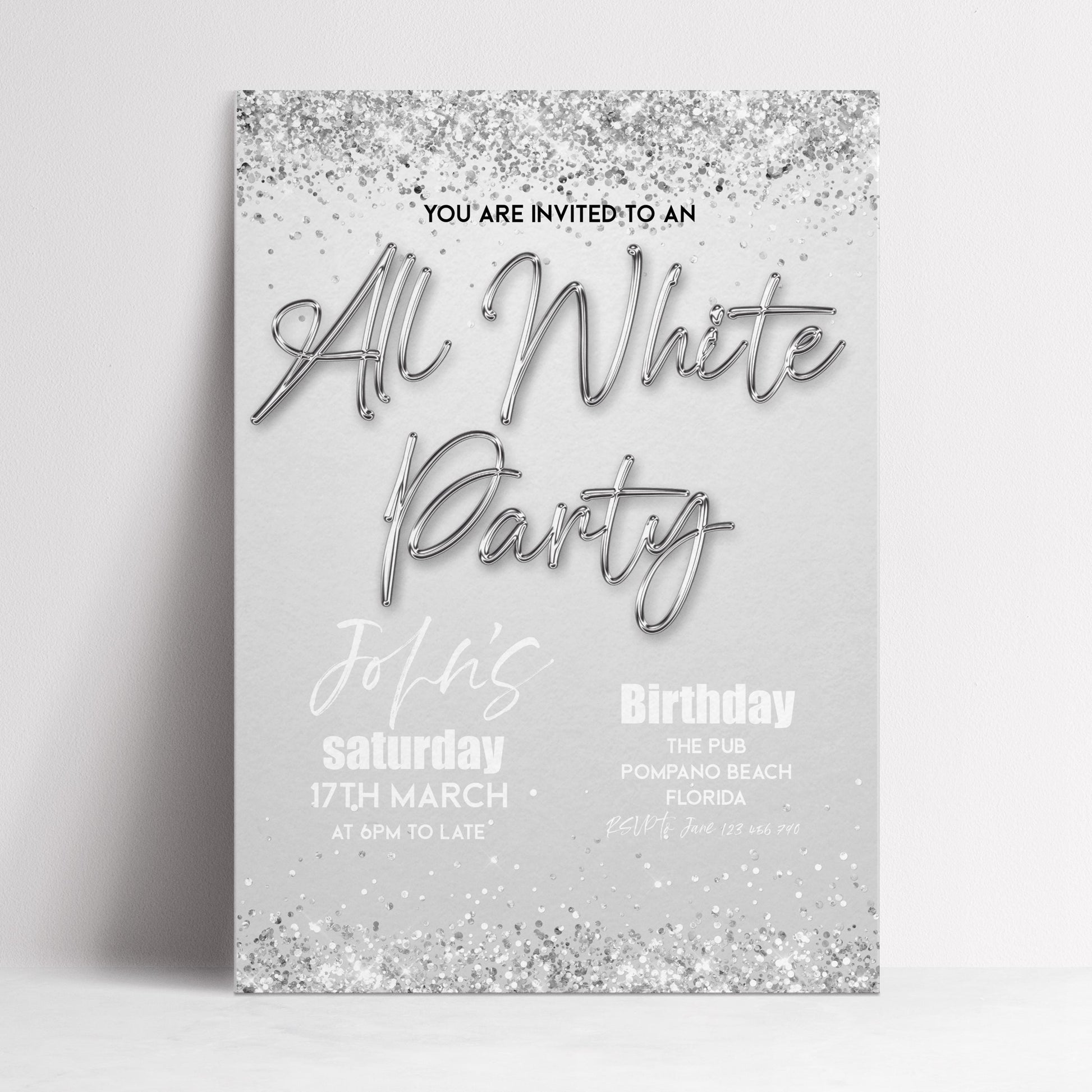 The image is a silver glitter party invitation that invites guests to an "All White Party" on Saturday, 17th March at 6pm to late.