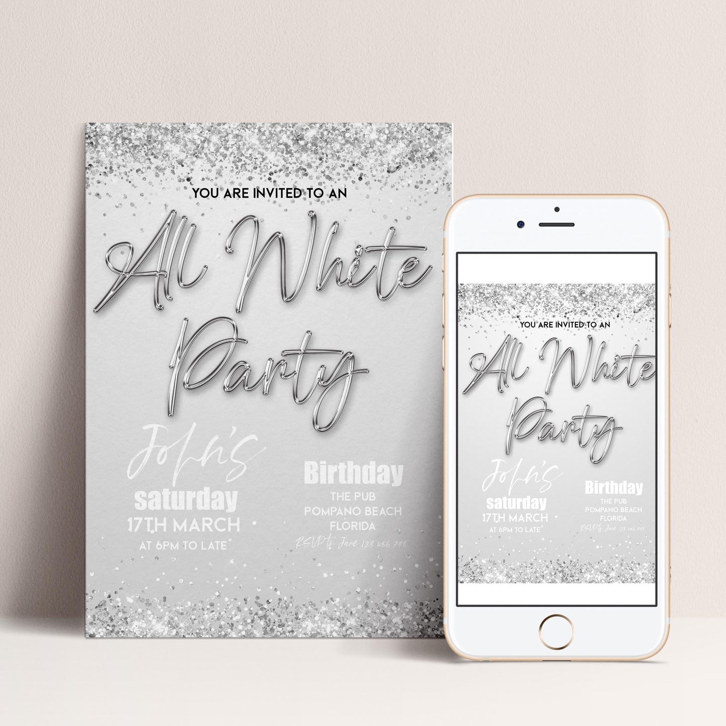 The image is a birthday party invitation for John's All White Party. It is a silver and white design with text and details about the event.