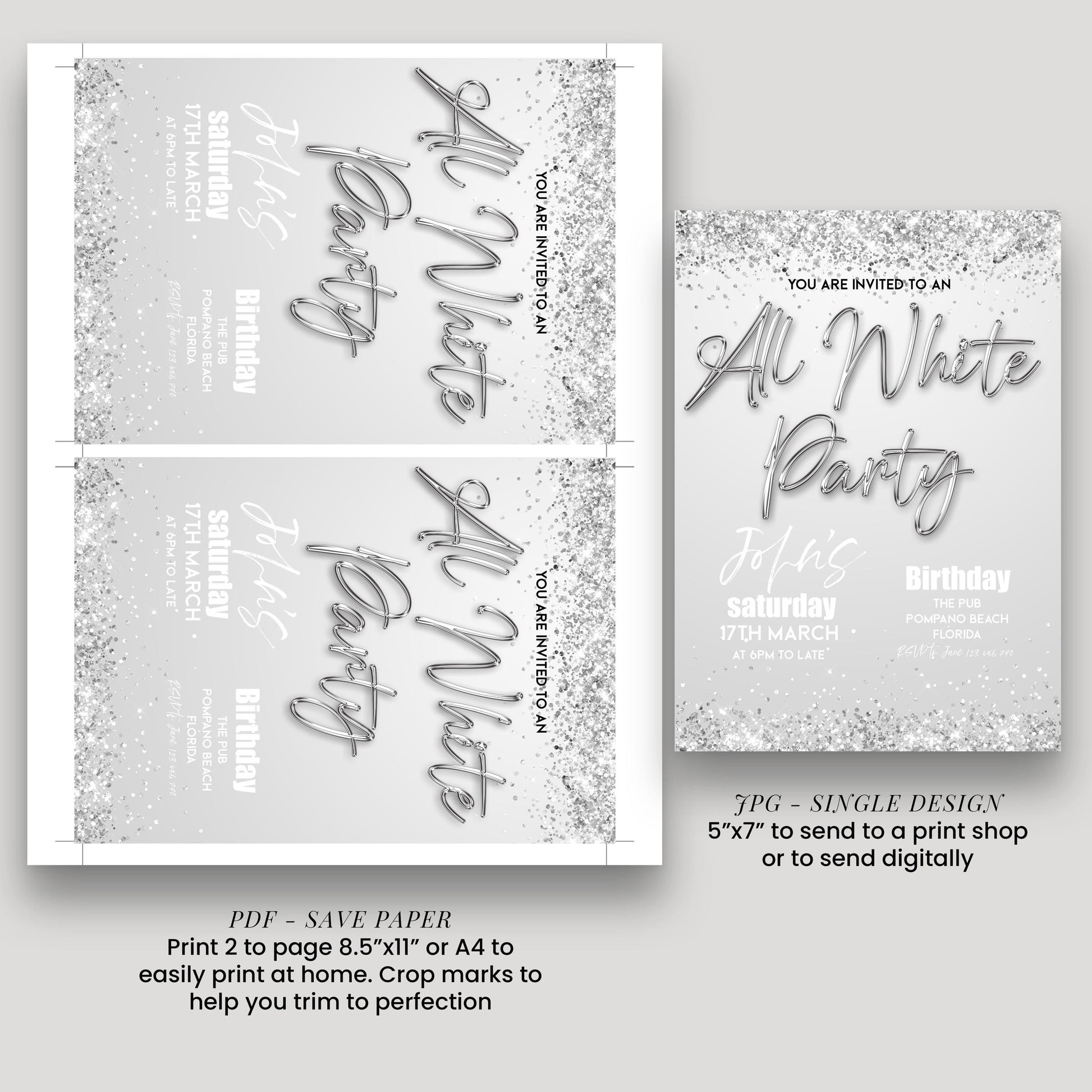The image is a single design invitation for an All White Party, featuring a silver glitter background and text that invites guests to attend the party.