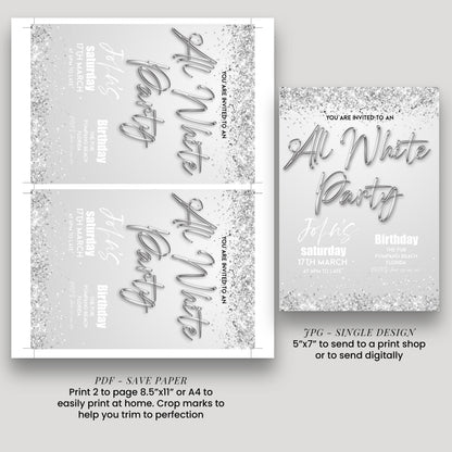 The image is a single design invitation for an All White Party, featuring a silver glitter background and text that invites guests to attend the party.