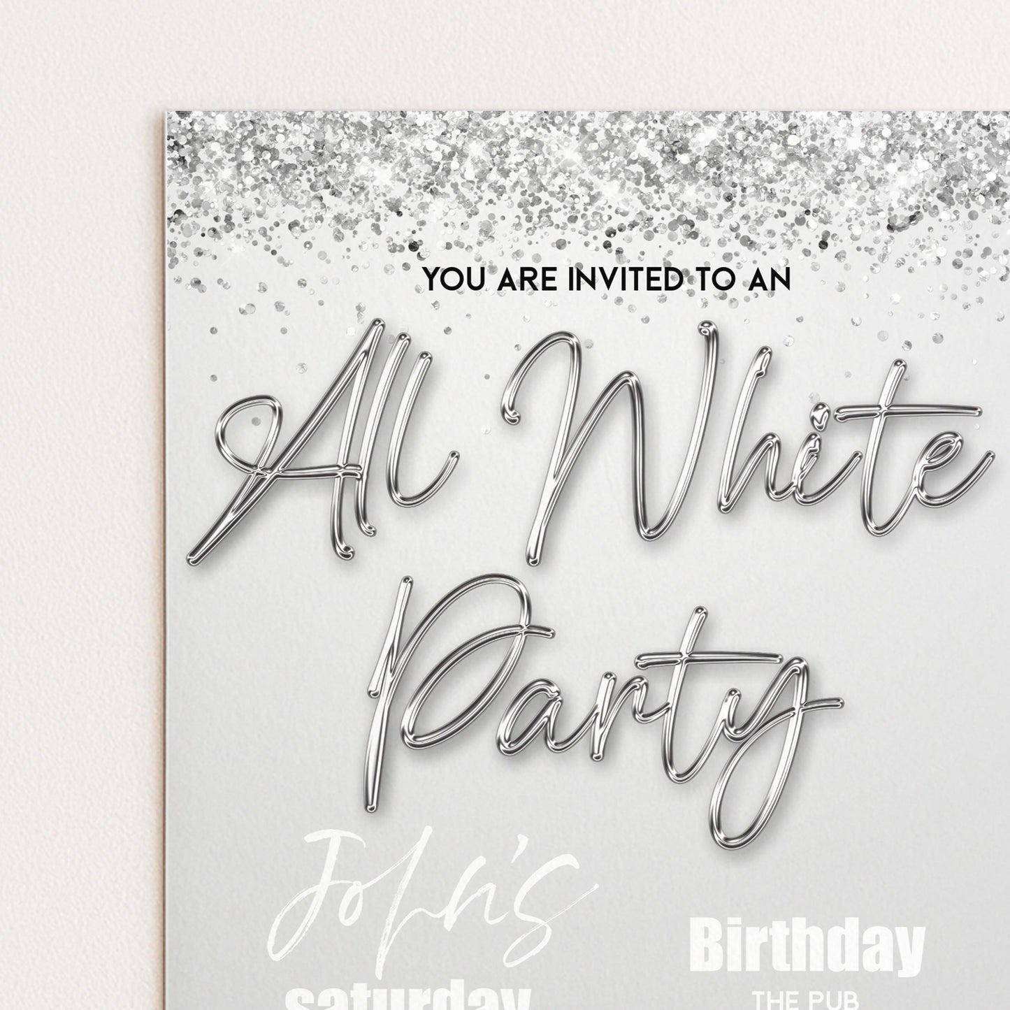 The image is a birthday party invitation for John's Saturday at The Pub.