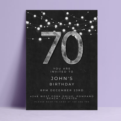 The image is a birthday invitation for John's 70th birthday party.