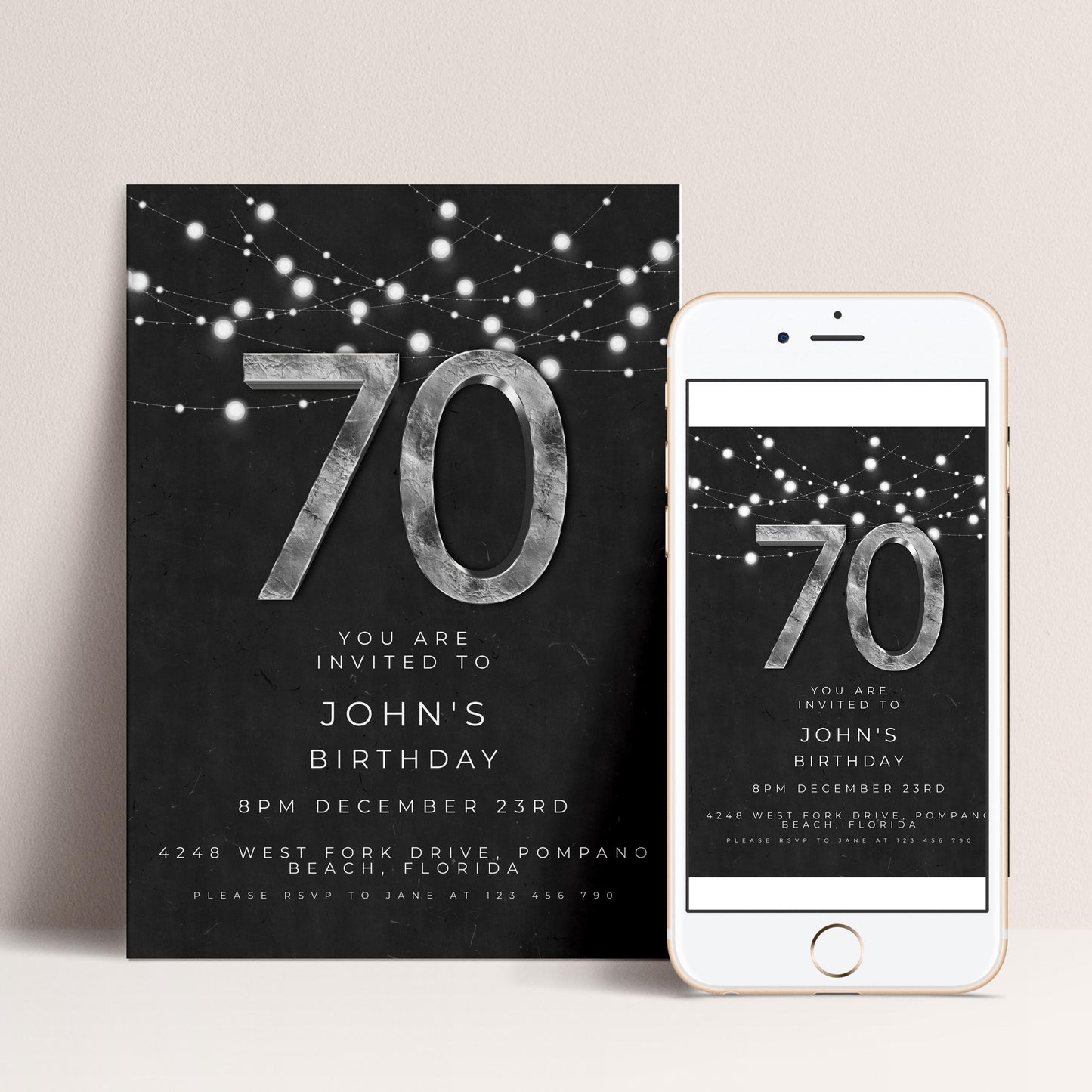 The image is a birthday party invitation for John's 70th birthday. It features a black background with white text and a large number "70" in the center. The invitation is designed for both print and digital platforms, with a mobile phone image displayed next to it.