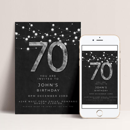 The image is a birthday party invitation for John's 70th birthday. It features a black background with white text and a large number "70" in the center. The invitation is designed for both print and digital platforms, with a mobile phone image displayed next to it.