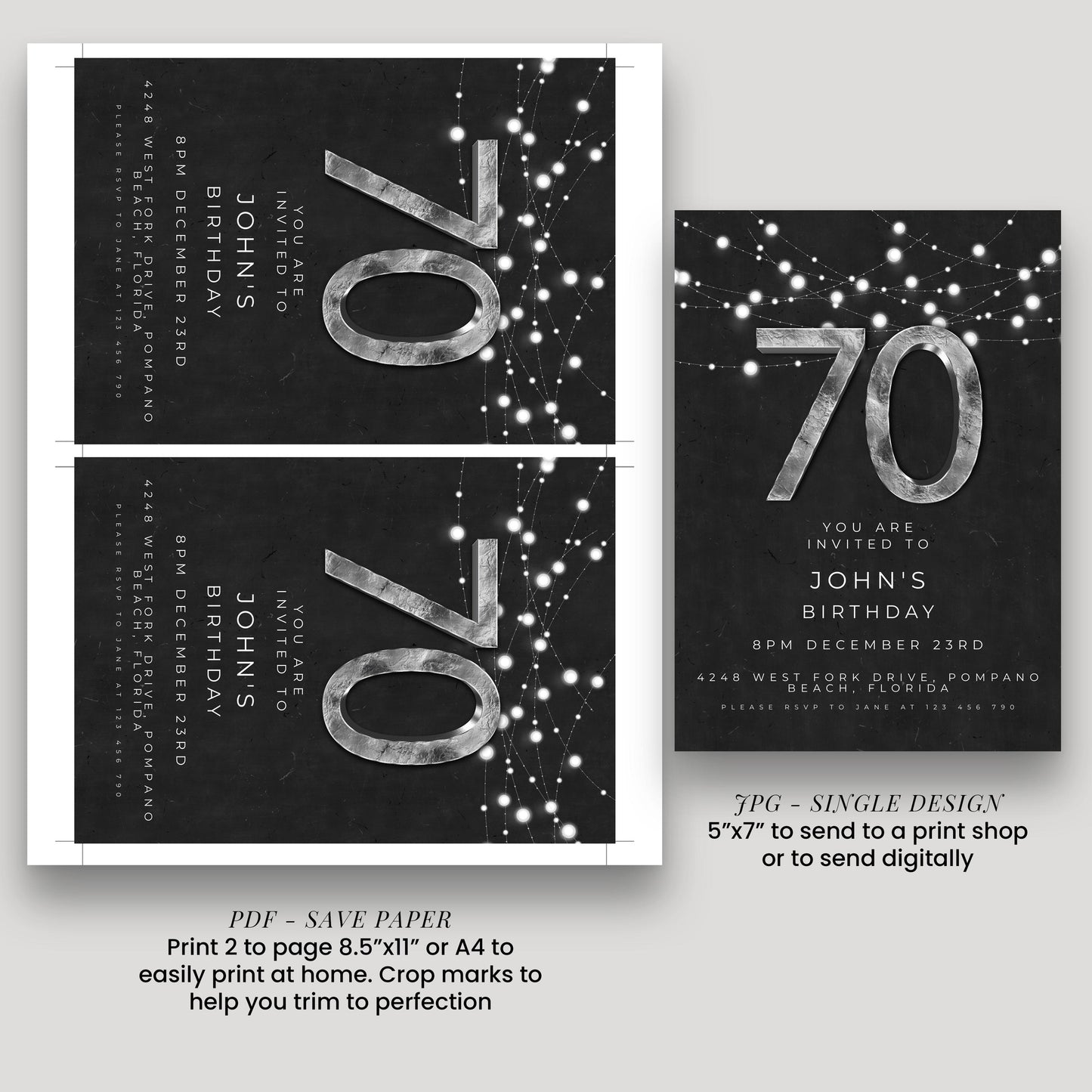 The image is a birthday party invitation for John's 70th birthday. It features a black and white design with the number 70 and stars, and includes details about the event, such as the date, time, location, and RSVP instructions.