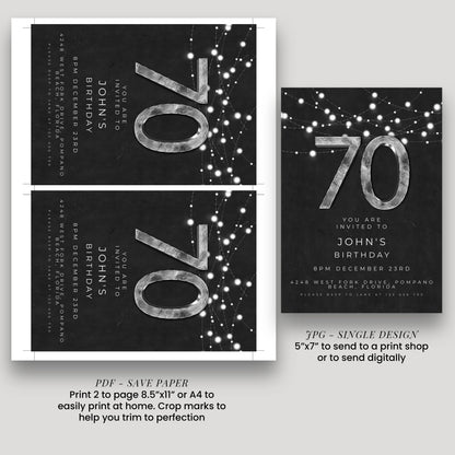 The image is a birthday party invitation for John's 70th birthday. It features a black and white design with the number 70 and stars, and includes details about the event, such as the date, time, location, and RSVP instructions.
