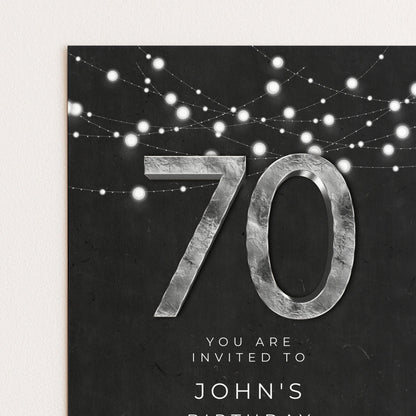 The image is a birthday invitation for John's 70th birthday, featuring a large number "70" and a string of white lights.