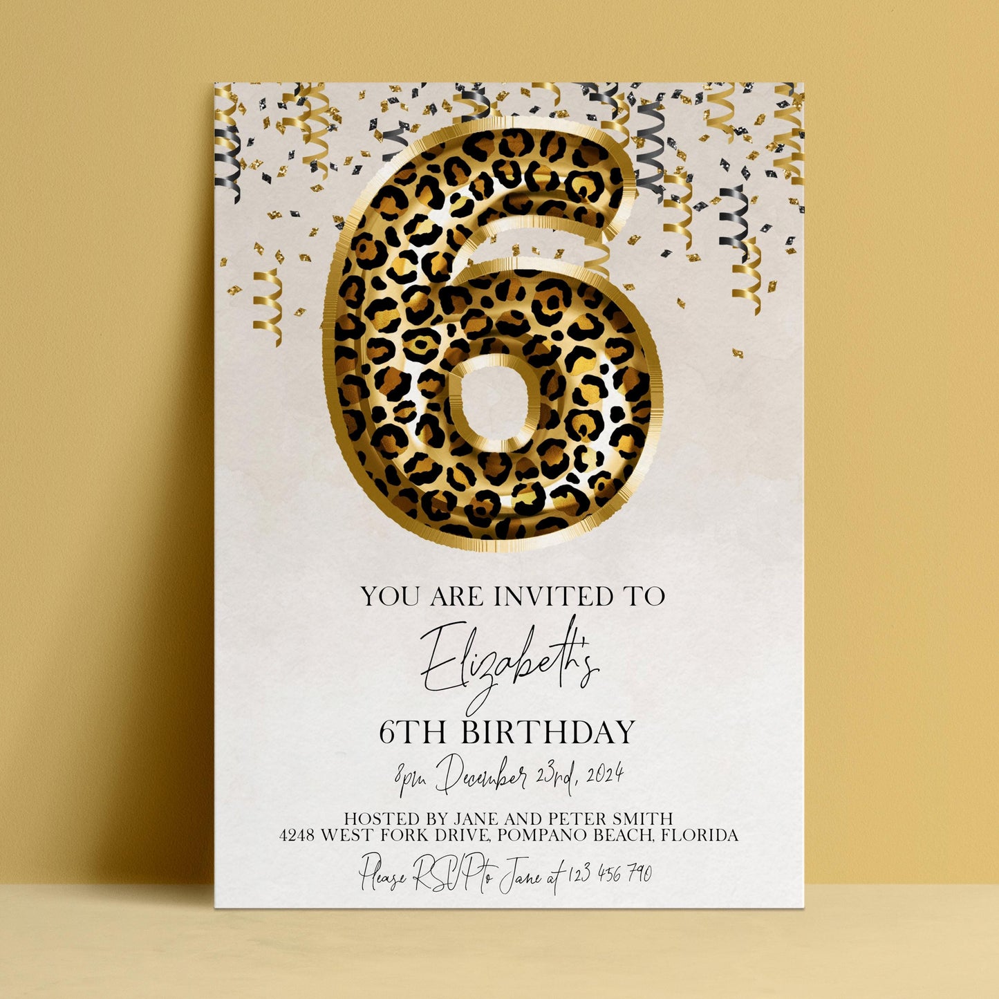 The image is a birthday invitation for a 6-year-old girl named Elizabeth.