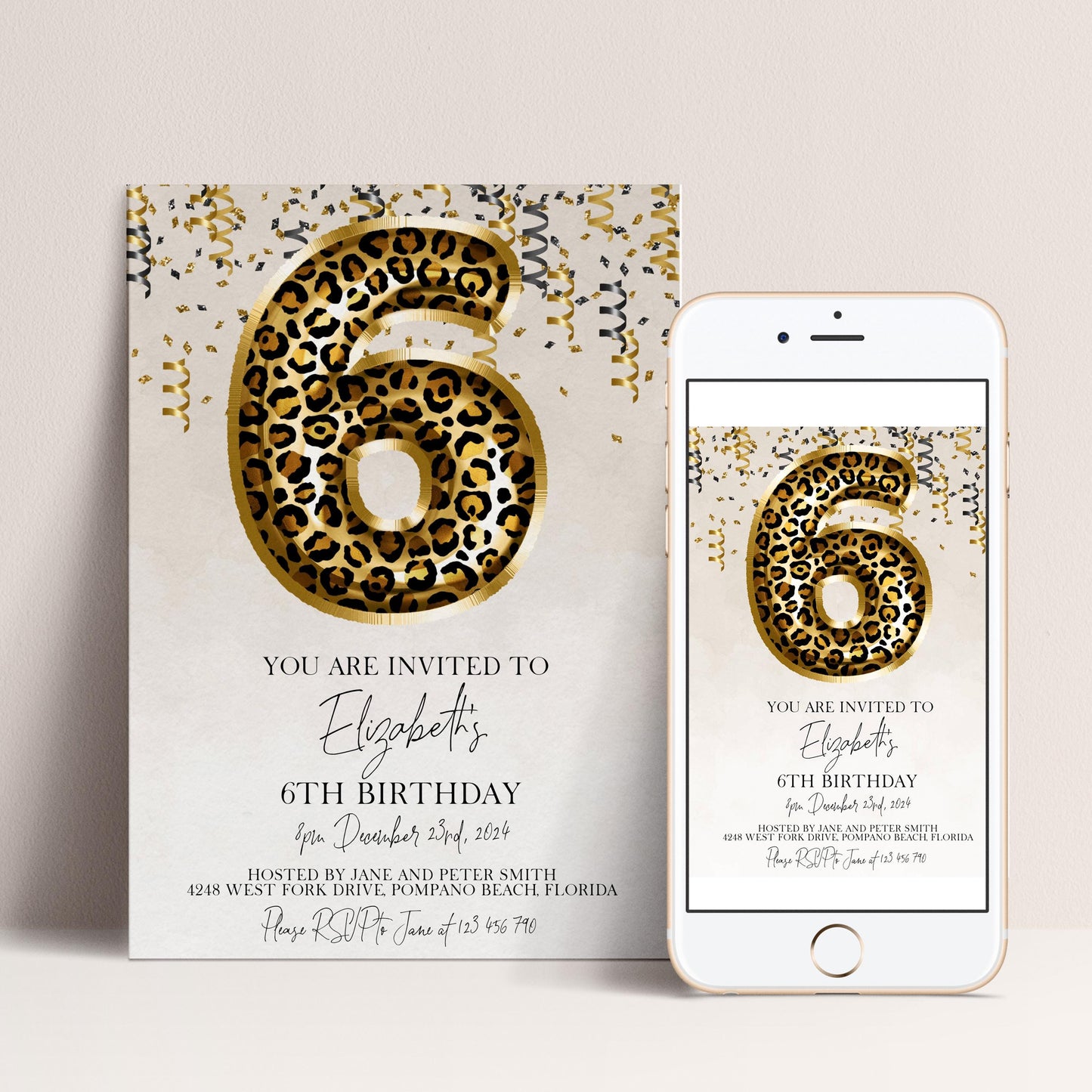The image is a birthday invitation for a 6th birthday party, featuring a large leopard print number 6 and confetti elements.