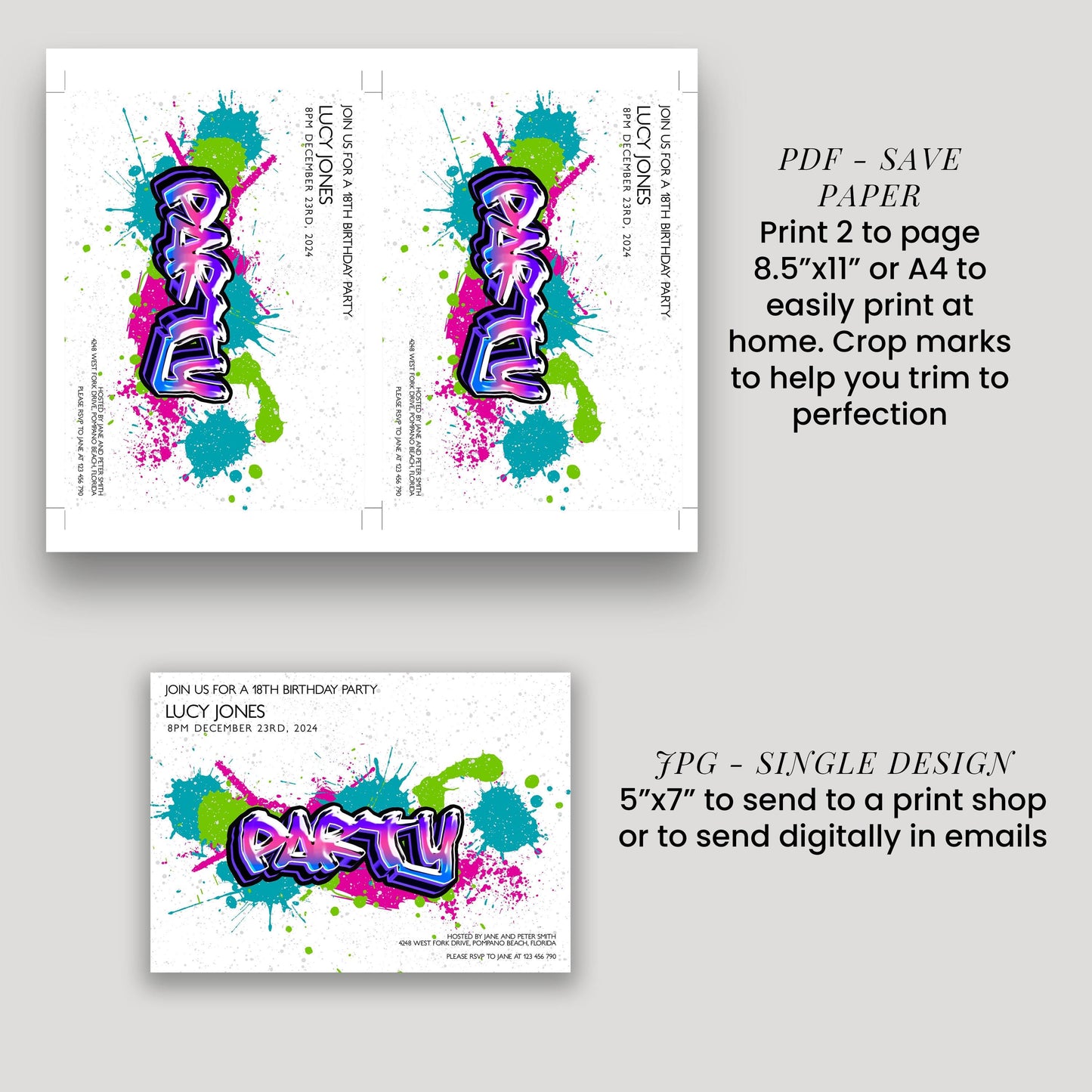 a collage of three different designs for a birthday party invitation. The designs include a printed page with a colorful graffiti-style text, a smaller print design with a pink and purple color scheme, and a digital print of the same design. The text on the invitation suggests that the design can be used for both print and digital platforms, and it is available for download.