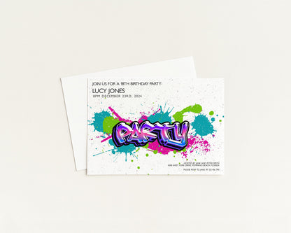 The image is a birthday party invitation featuring a colorful graffiti-style design with splatters of various colors.