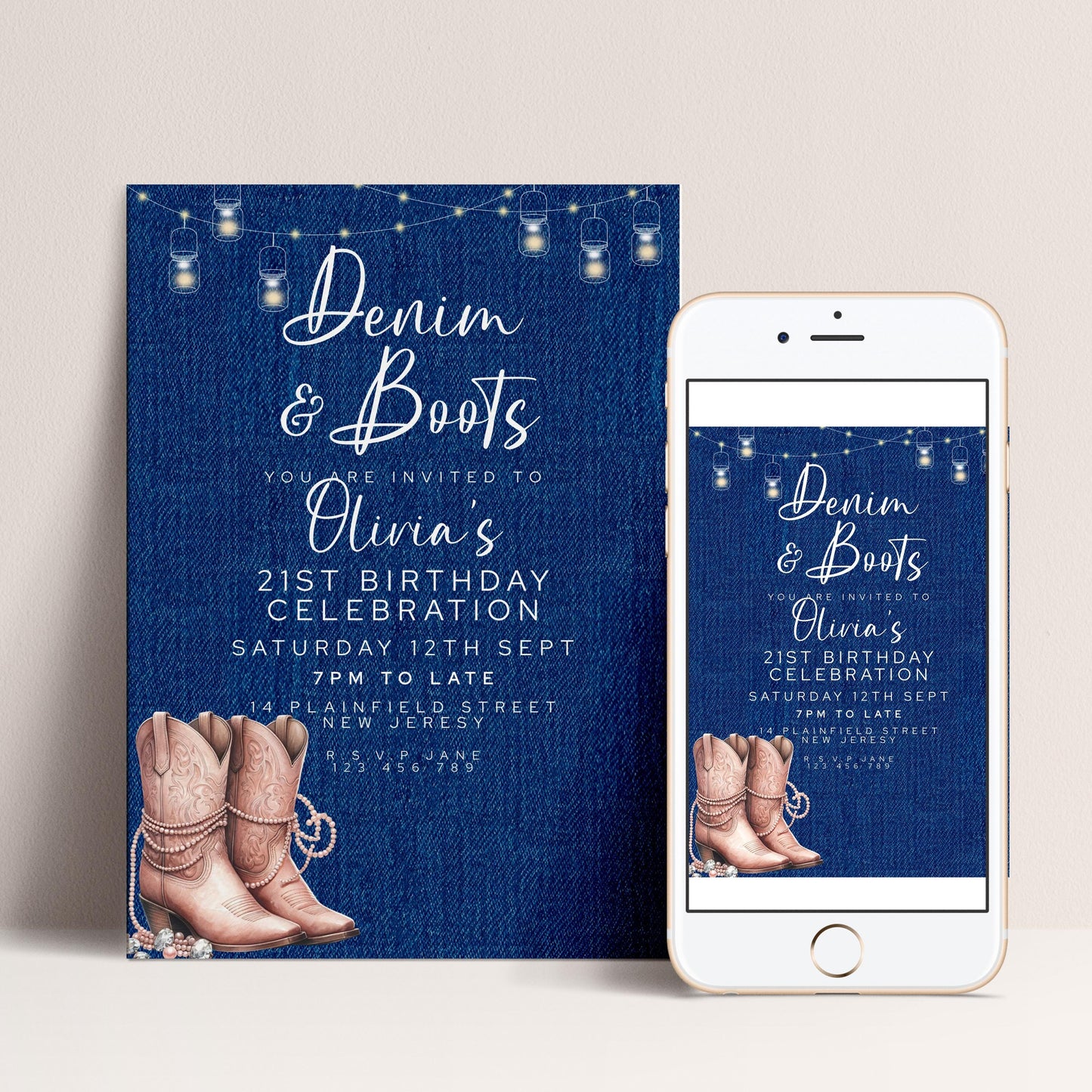 The image is a denim and boots-themed birthday invitation for a 21st birthday celebration.