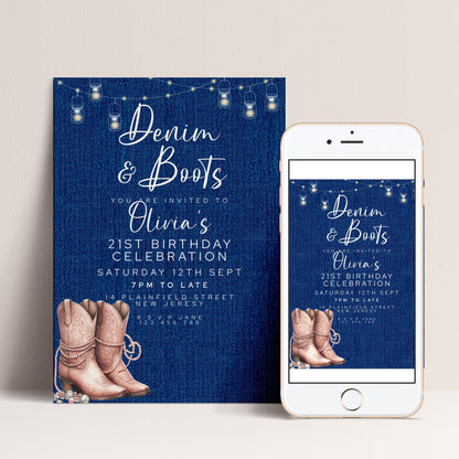 The image is a denim and boots-themed birthday invitation for a 21st birthday celebration.