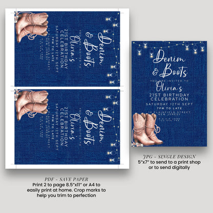 a denim and boots-themed birthday invitation for a 21st birthday celebration. The invitation is designed in a single size, with a 5"x7" paper size, and it is available in both print and digital formats. The invitation is printed on a blue denim background and features a pair of brown cowboy boots as a decorative element.
