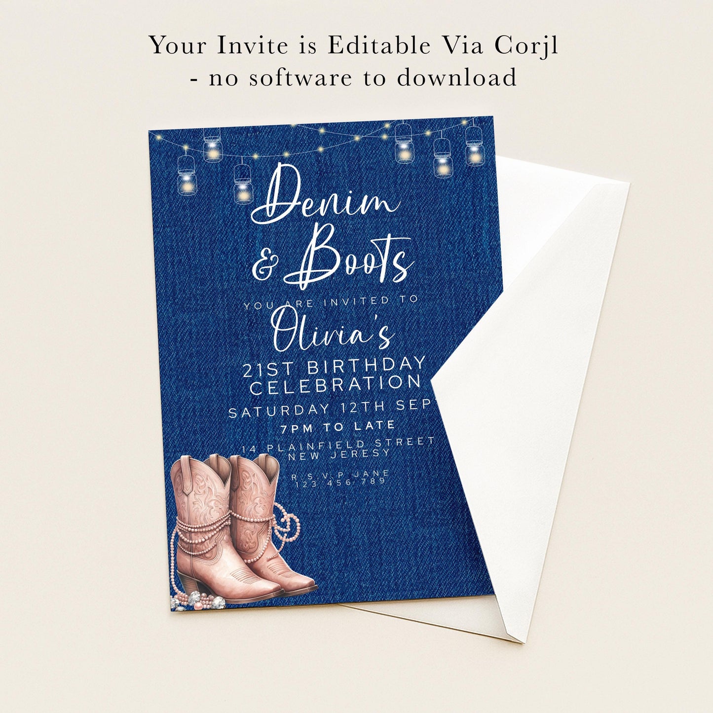 The image is a birthday invitation for a 21st birthday celebration. It features a blue denim background with a pair of pink cowboy boots and a string of lights. The invitation is for a 21st birthday party on Saturday, September 14th, at 7 PM at the Plainfield Street, New Jersey.