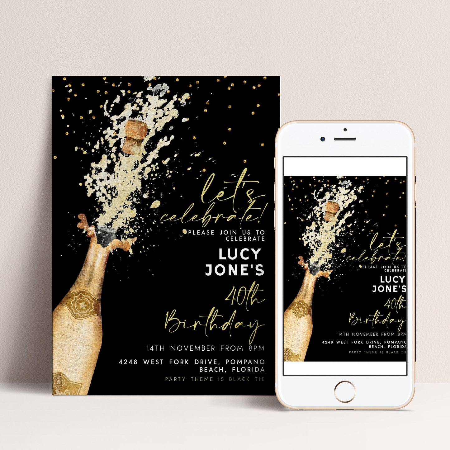 The image is a birthday party invitation featuring a champagne bottle with a champagne pop, along with text and a phone displaying the same design.