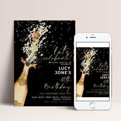The image is a birthday party invitation featuring a champagne bottle with a champagne pop, along with text and a phone displaying the same design.