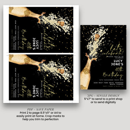 The image is a collage of two pages featuring a champagne-themed design. The left page displays a champagne bottle with a champagne splash, while the right page shows a champagne bottle with a champagne splash. The text on the pages includes details about a birthday celebration, such as the names of the guests and the date of the event.