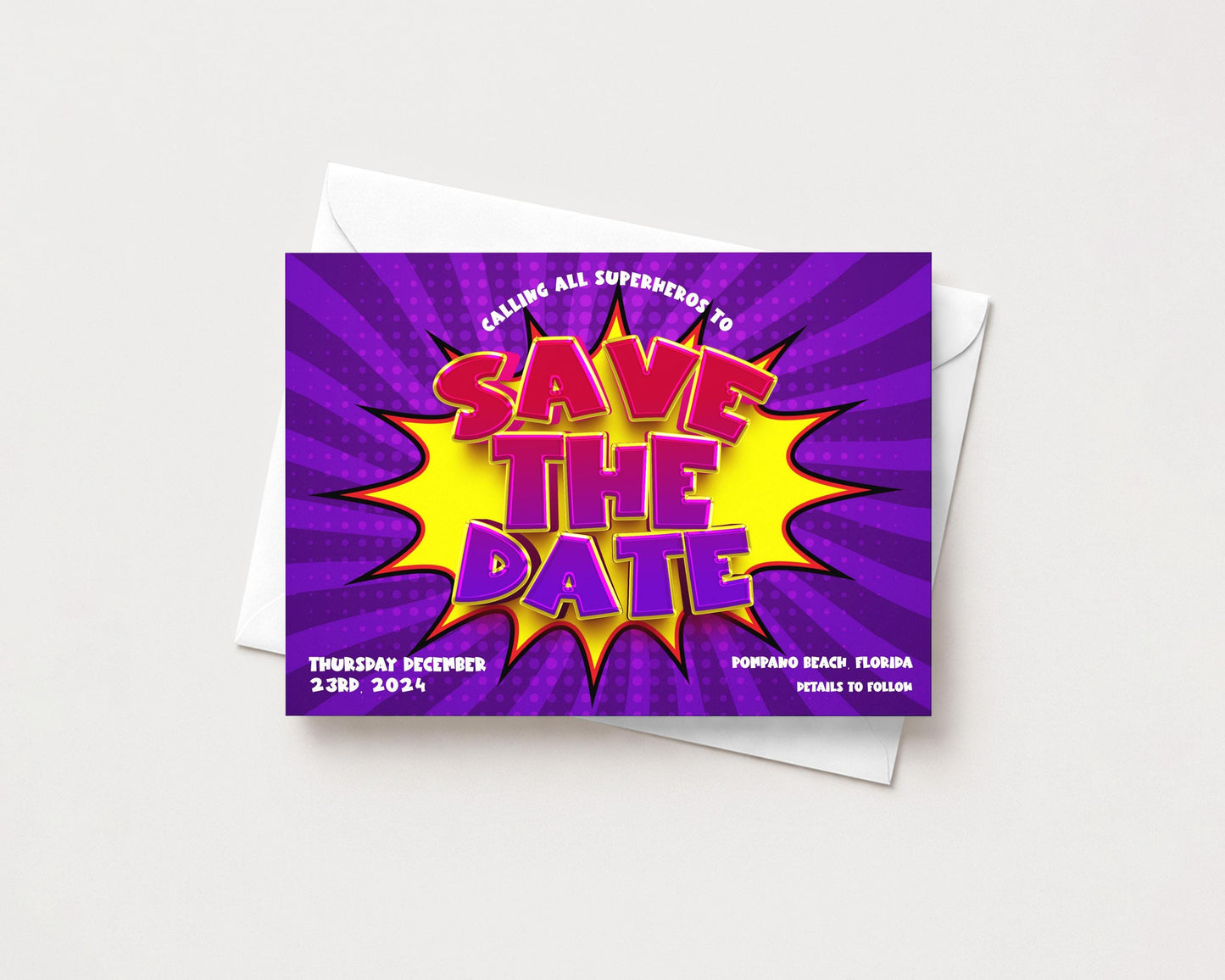 The image is a colorful invitation card with a pop art design, featuring the text "SAVE THE DATE" prominently displayed.