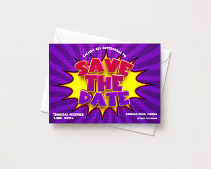 The image is a colorful invitation card with a pop art design, featuring the text "SAVE THE DATE" prominently displayed.