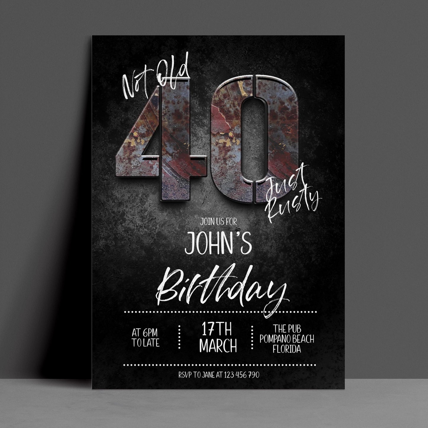 The image is a birthday party invitation for John's 40th birthday.