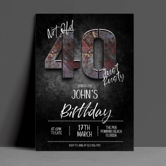 The image is a birthday party invitation for John's 40th birthday.