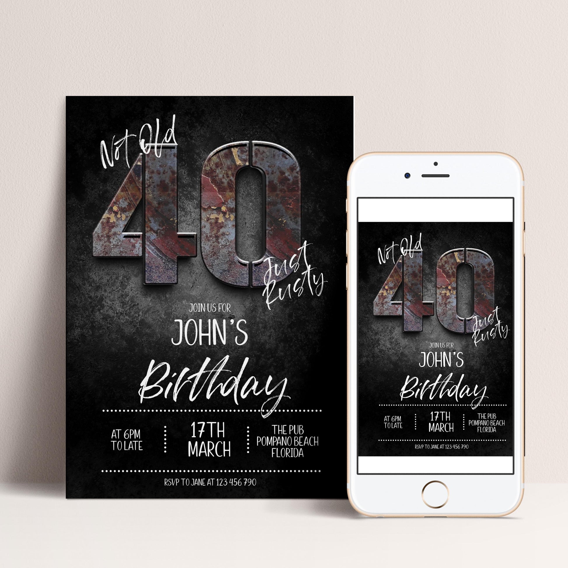 The image is a birthday invitation for John's 40th birthday, featuring the number 40 prominently displayed.