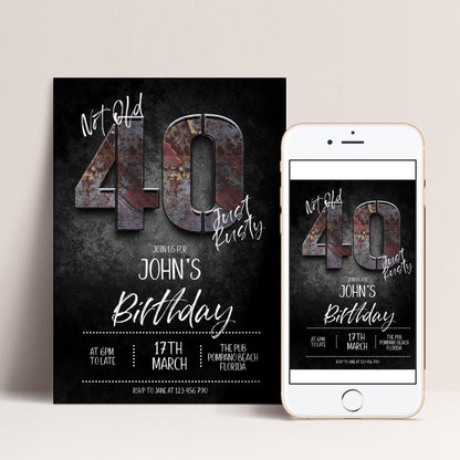 The image is a birthday invitation for John's 40th birthday, featuring the number 40 prominently displayed.