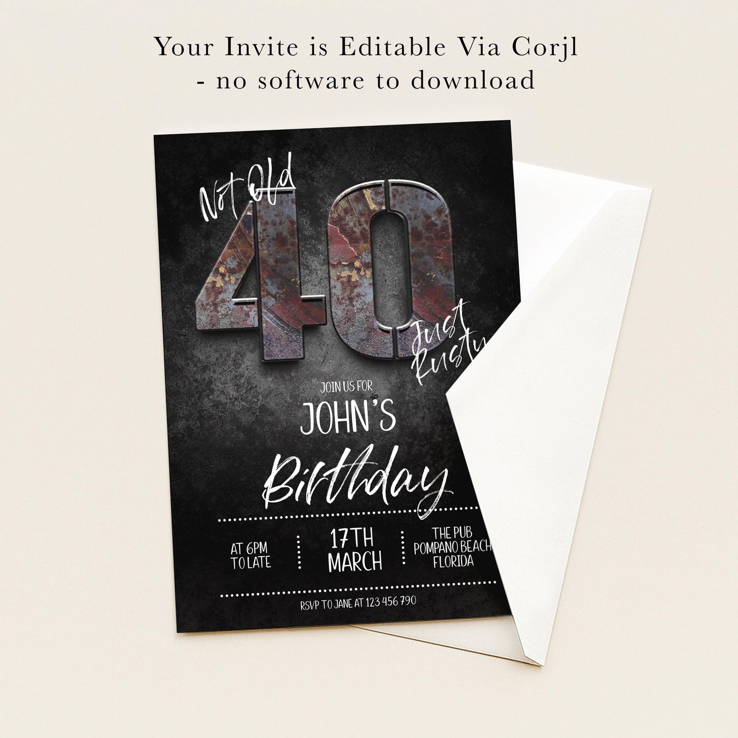 The image is a birthday invitation for John's 40th birthday.