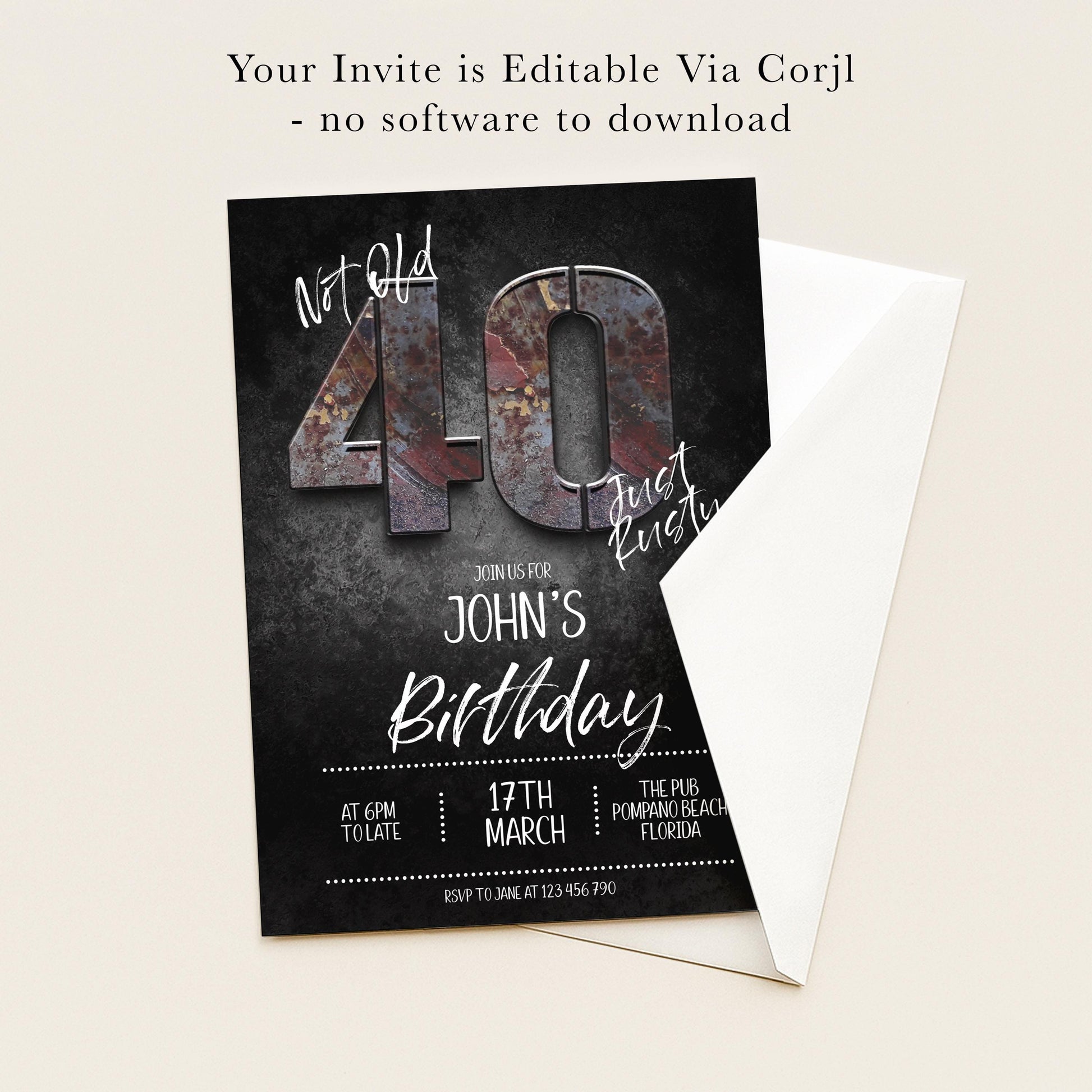 The image is a birthday invitation for John's 40th birthday.