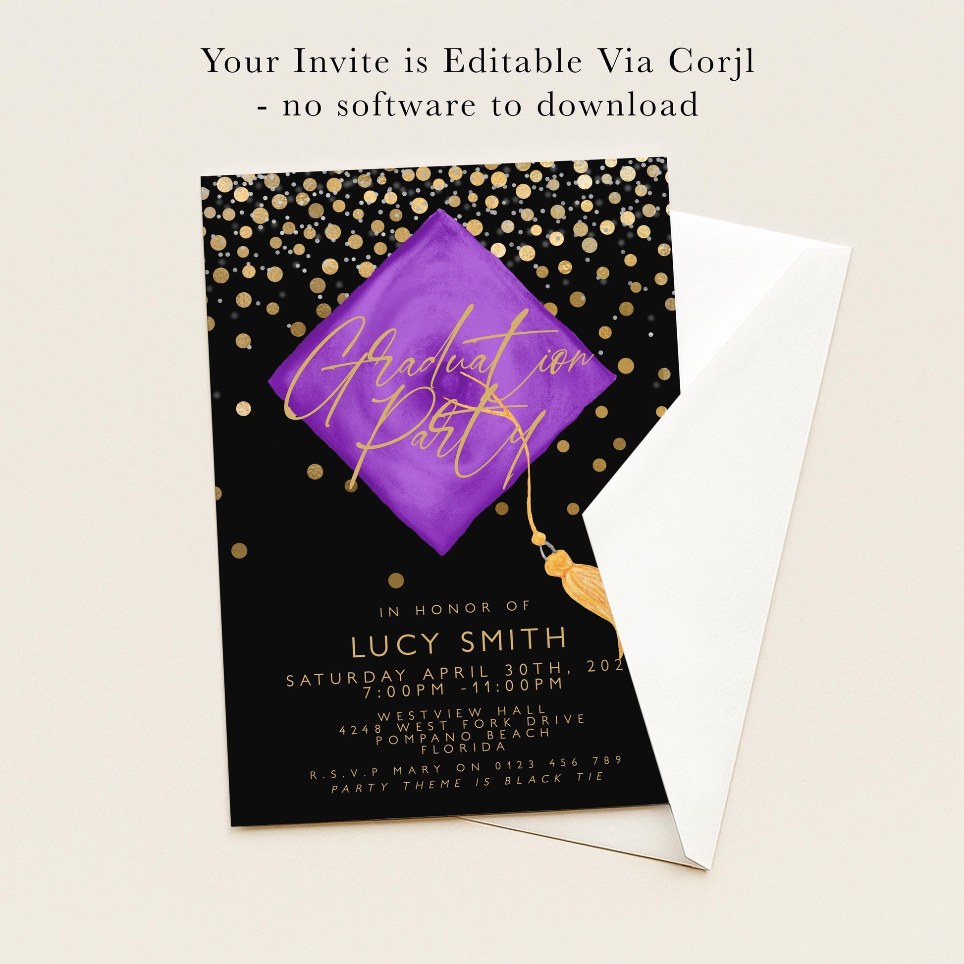 The image is a graduation party invitation featuring a purple square with gold polka dots and a gold tassel, placed on a white background.