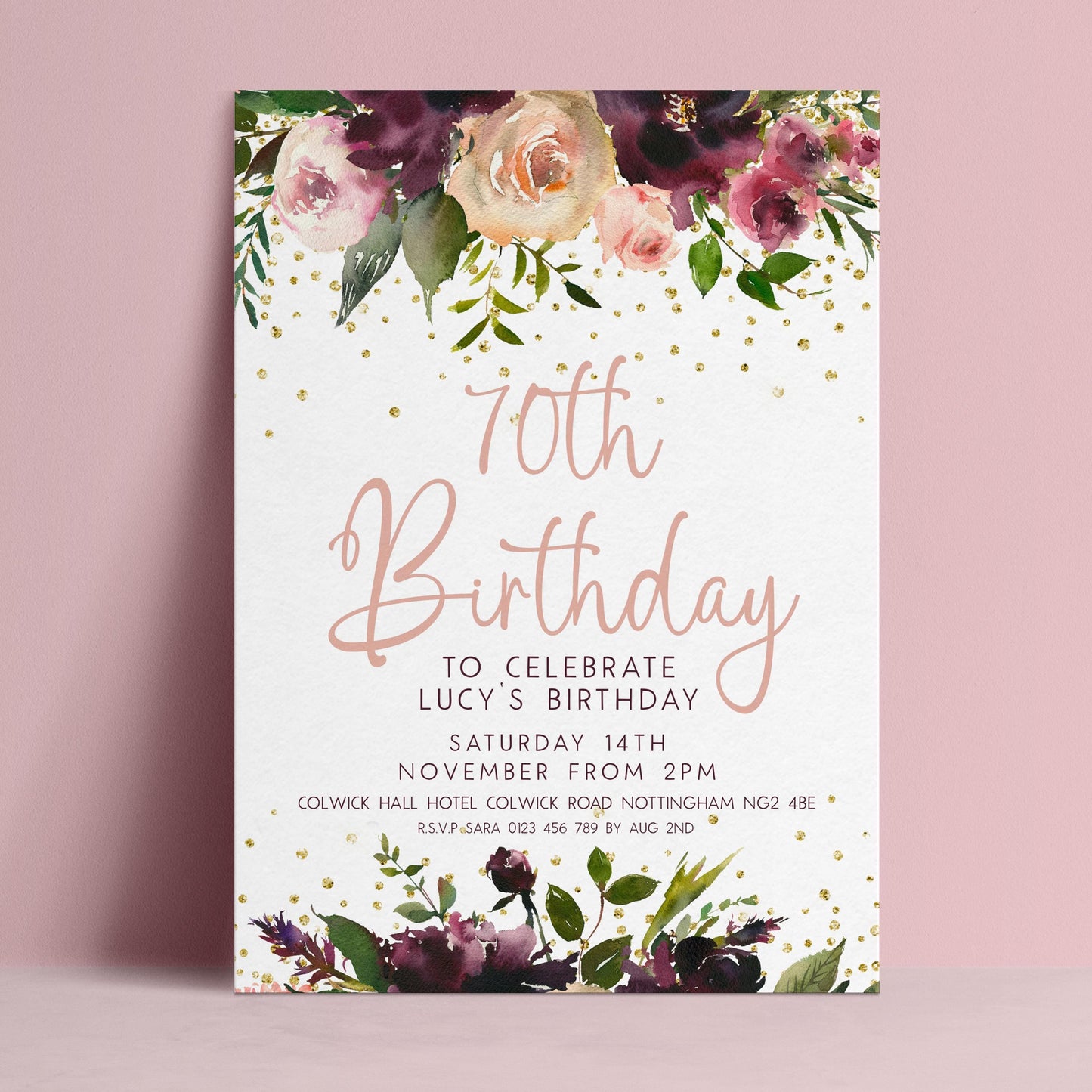 The image is a birthday invitation for Lucy's 70th birthday celebration.