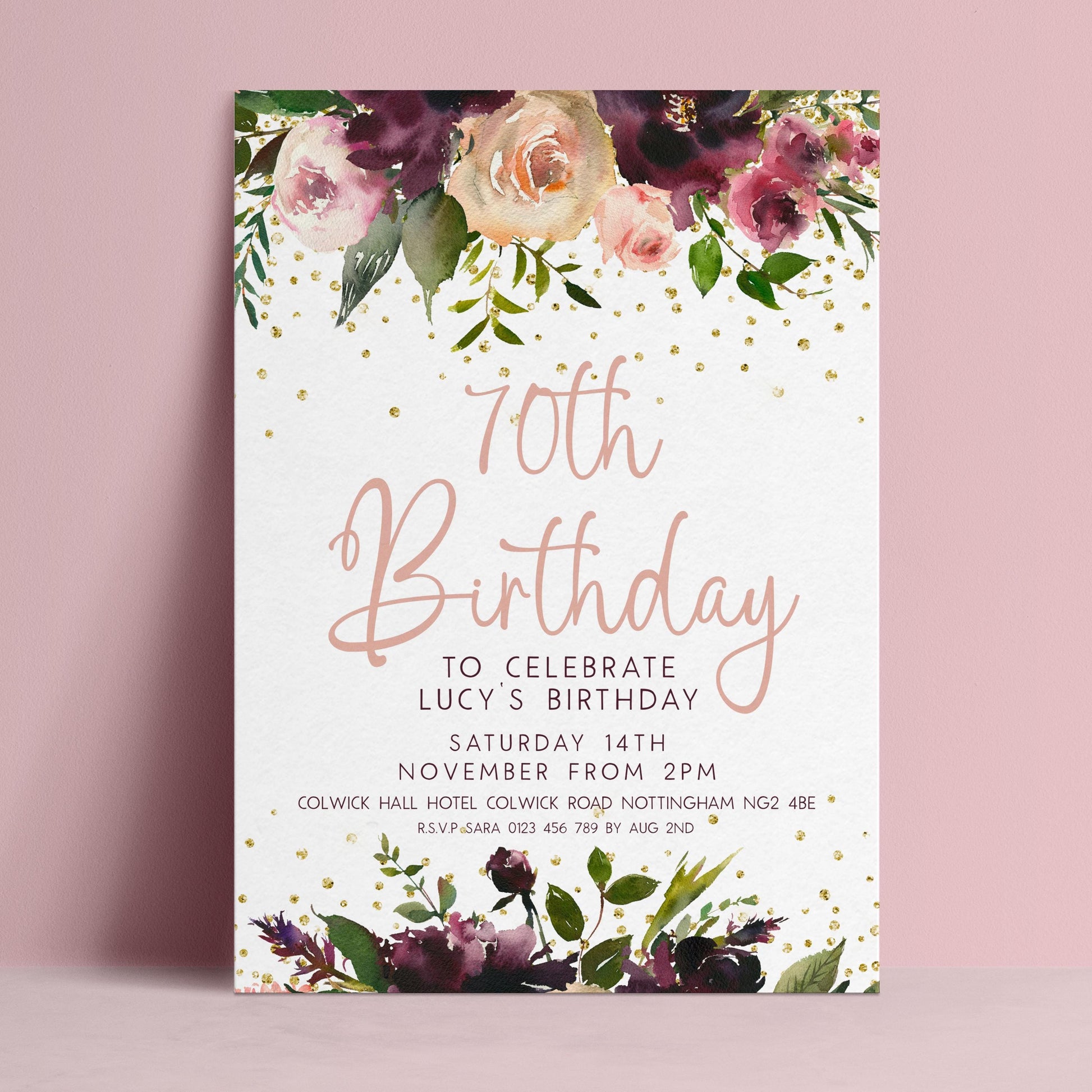 The image is a birthday invitation for Lucy's 70th birthday celebration.