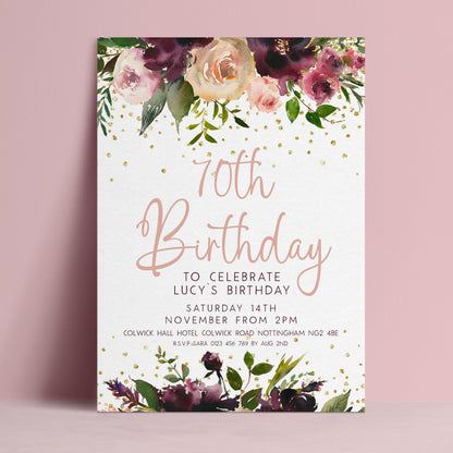The image is a birthday invitation for Lucy's 70th birthday celebration.