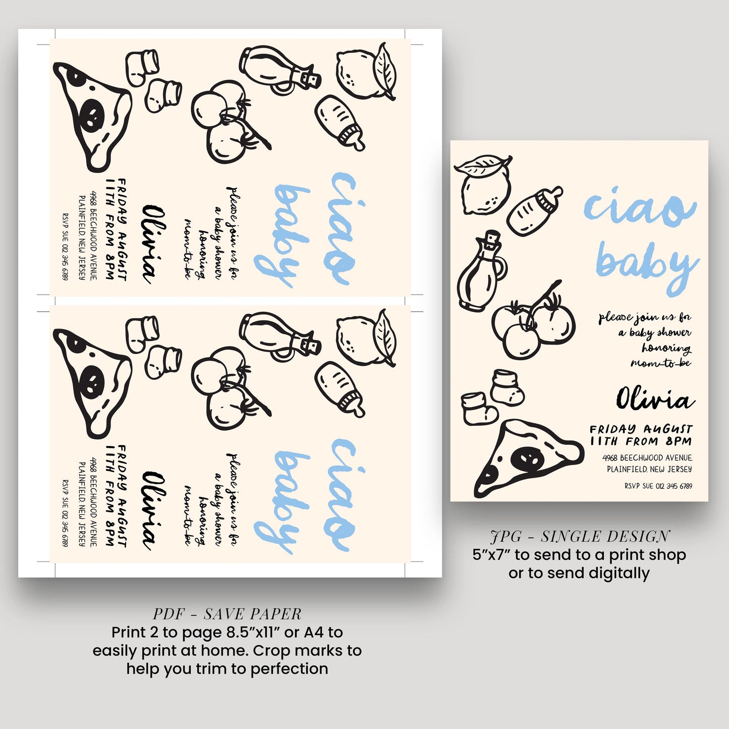 a baby shower invitation featuring a pizza and various baby-related items, such as bottles and apples. The invitation is for a baby shower, and it includes details about the event, the guest of honor, and the date and time.