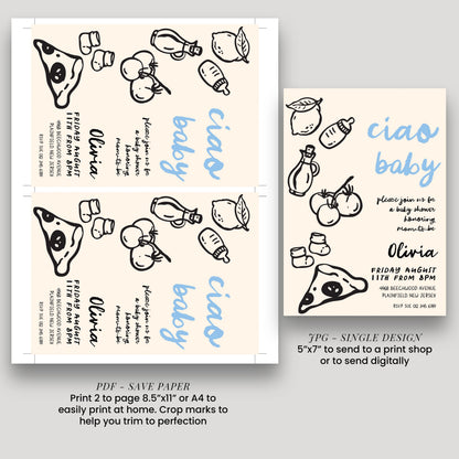 a baby shower invitation featuring a pizza and various baby-related items, such as bottles and apples. The invitation is for a baby shower, and it includes details about the event, the guest of honor, and the date and time.