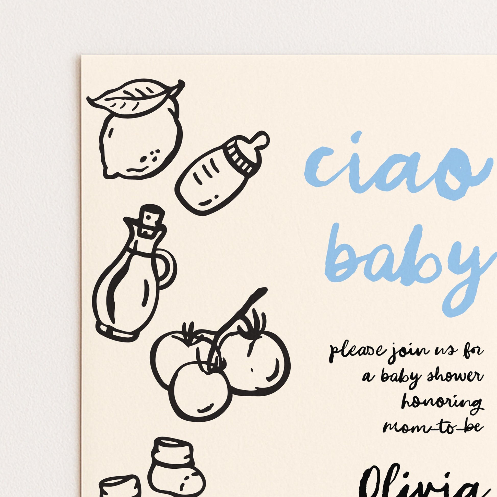The image is a baby shower invitation featuring various baby-related items such as a bottle, a lemon, and tomatoes, along with the text "ciao baby" and "Please join us for a baby shower honoring mom-to-be" written in a casual, handwritten style.