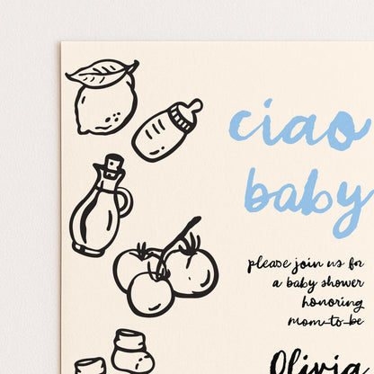 The image is a baby shower invitation featuring various baby-related items such as a bottle, a lemon, and tomatoes, along with the text "ciao baby" and "Please join us for a baby shower honoring mom-to-be" written in a casual, handwritten style.