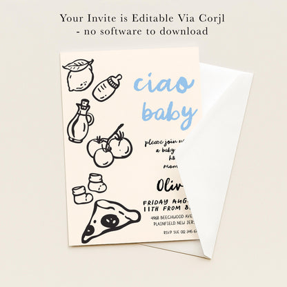 The image is a baby shower invitation featuring a pizza and various baby-related items, such as a bottle and a baby bootie.